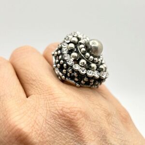 Large Domed Statement Stretch Cocktail Ring Silver Tone with Clear Rhinestones